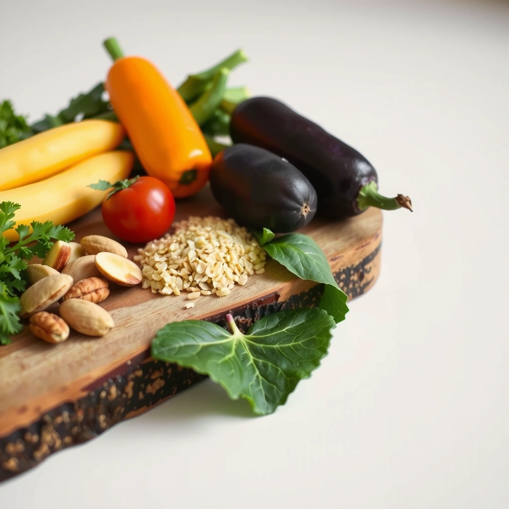 Gesunde Ernährung - Frische Zutaten auf Holzbrett